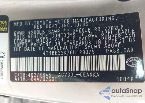 2006 Toyota Camry Le z USA, uszkodzony, nr VIN 4T1BE32K76U129375